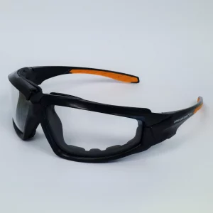 Schutzbrille, Scheibe farblos, BĂĽgel schwarz/orange, Rahmen schwarz, Rahmeninnenseite mit Weichkomponente, kratzfeste und beschlagfreie Scheibe, Artikel 277 374