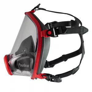 Vollmaske, Farbe rot, aus TPR, Sichtscheibe aus Polycarbonat, einstellbare Kopfbänderung, mit Rundgewindeanschluss DIN EN 148-1, Artikel 466 702